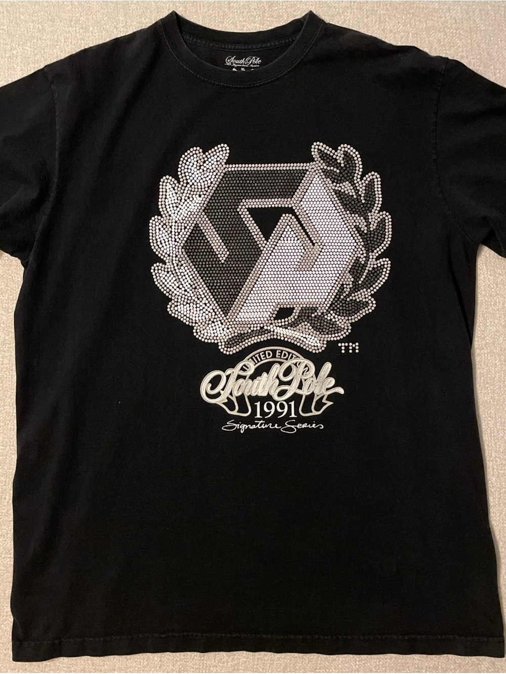 South Pole Black T-Shirt with Silver Embellished Crest Graphic